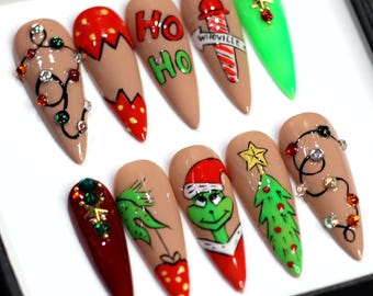 Handmade Christmas Press On Nails: Long Stiletto Festive Nail Set