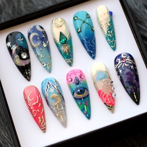 Astrology Press On Nails: Glitter Ombre Stiletto False Nail Set