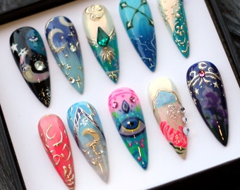 Astrology Fortune Teller Press On Nails | Luxury Glitter Ombre Fake Nails | Stiletto Y2K False Nails Set | Night Dream Glue On Nails K307