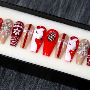 Red Nose Reindeer Press On Nails Christmas Gift Glue On Nails Knit Sweater False Nails Fake Nails K92 image 1