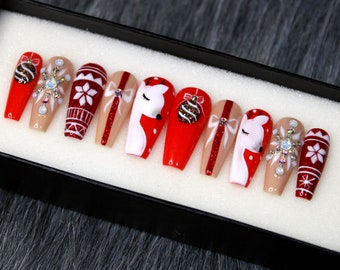 Red Nose Reindeer Press On Nails | Christmas Gift Glue On Nails | Knit Sweater False Nails | Fake Nails K92