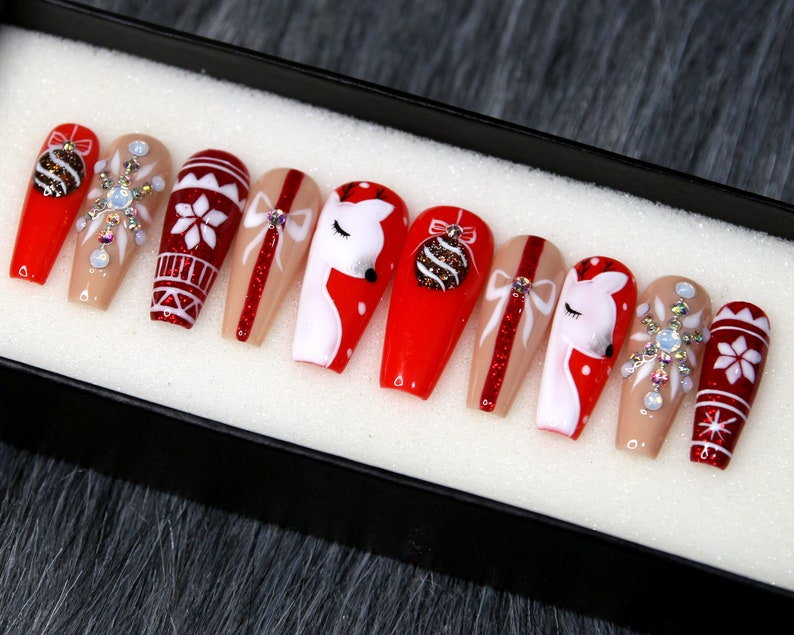 Red Nose Reindeer Press On Nails Christmas Gift Glue On Nails Knit Sweater False Nails Fake Nails K92 image 1