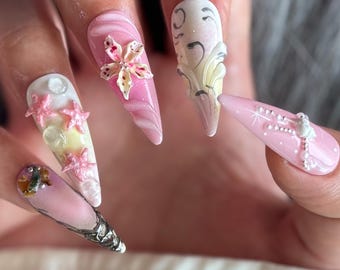 Ocean Garden Press On Nails - 3D Sculpted Orchid & Shells, Spring Flower Nail K595