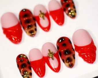 Cheetah Press On Nails: Red Oval Y2K Handmade Nail Set