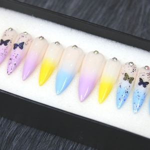 Rainbow Butterfly Fake Nails Stiletto - Press On Nails - Glue On Fake Nails Luxury Handmade Nail Tips A195