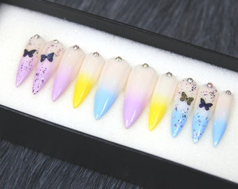 Rainbow Butterfly Fake Nails Stiletto - Press On Nails - Glue On Fake Nails Luxury Handmade Nail Tips A195