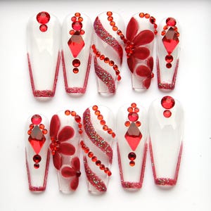 Burgundy Flower Press On Nails: Red Crystal Ombre, Reusable False Nails