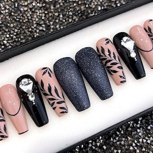 Black Leaf Press On Nails Coffin | Luxury Fake Nails KS