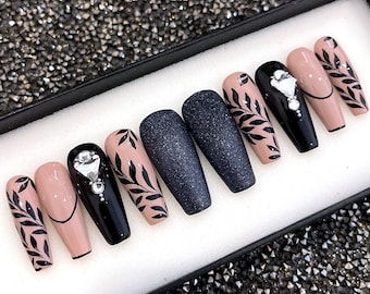 Black Leaf Press On Nails Coffin | Luxury Fake Nails KS