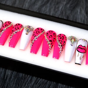 Hot Pink Leopard Press On Nails | White Nails With Crystal | Trendy Bridal False Nails Set K75