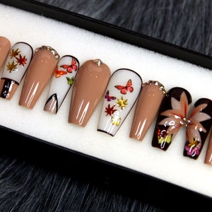 Autumn Season Press On Nails Coffin | Butterfly Glue On Nails | Luxury Fake Nails | Hand Paint Nails | False Nails K36