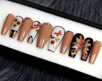 Autumn Season Press On Nails Coffin | Butterfly Glue On Nails | Luxury Fake Nails | Hand Paint Nails | False Nails K36