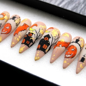 Spooky House Press On Nails | Halloween Special Press On Nails Stiletto | Hand-made Glue On Nails | Luxury Fake Nails | False Nails HA2