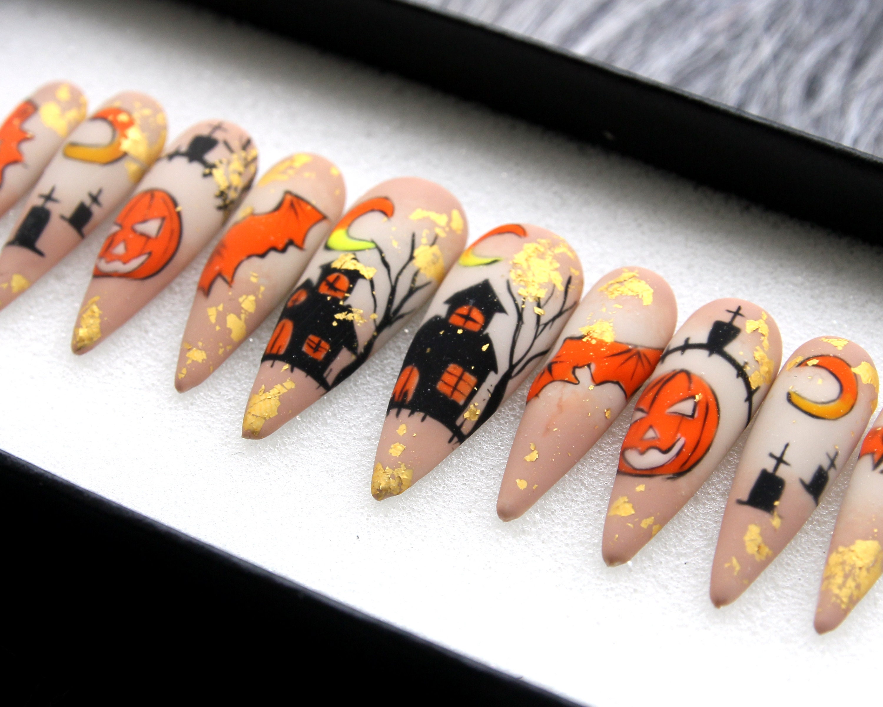 Spooky House Press On Nails | Halloween Special Press On Nails Stiletto | Hand-made Glue On Nails | Luxury Fake Nails | False Nails HA2