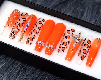 XXL Coffin Nails Festival Hot Neon Leopard Queen | Press On Nails | Luxury Long Nails | Orange Trendy Nail Set K2