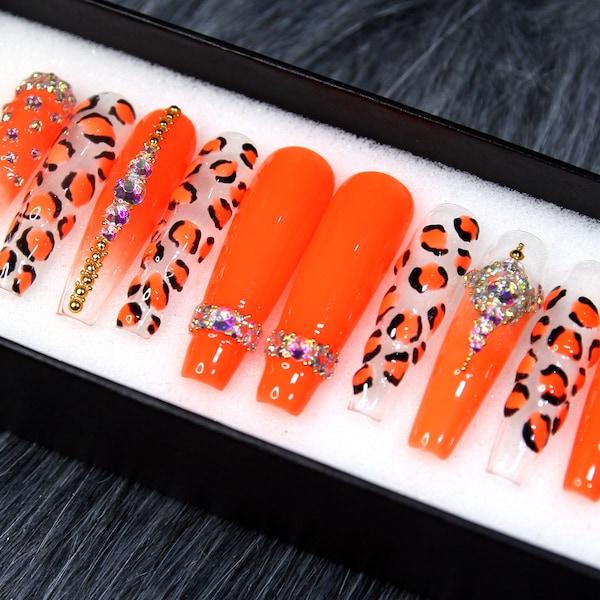 XXL Coffin Nails Festival Hot Neon Leopard Queen | Press On Nails | Luxury Long Nails | Orange Trendy Nail Set K2