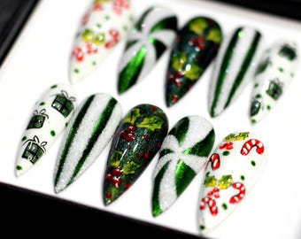 Christmas Press On Nails | Green Wonderland Nail Set, Holiday Fake Nails K366