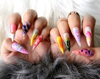 Y2K Rainbow Press On Nails | Colorful Stiletto Nail Set | Long Short Nails | Gel X Fake Nails | Hand Painted Nails K194