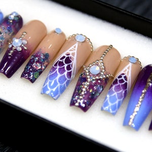 Purple Mermaid Press on Nails with Crystal Glue On Nails Coffin Luxury Luxury False Nails Fake Nails Crystal Set Gel X Nails N90 image 4