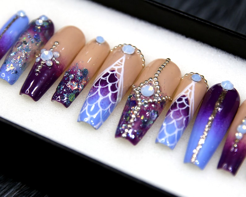 Purple Mermaid Press on Nails with Crystal Glue On Nails Coffin Luxury Luxury False Nails Fake Nails Crystal Set Gel X Nails N90 image 4