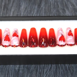 Red Ombre Press On Nails Coffin | Fake Nails Crystal Set | Hand-painted Nail Art | Luxury Nails | Valentine Gel X False Nails N409