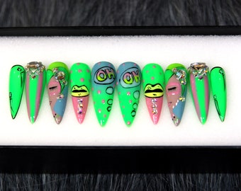 Green Cartoon Press On Nails: Long Stiletto Party Nails