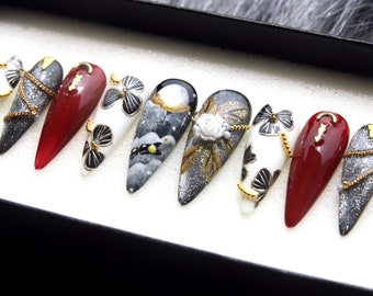 Hand-Painted Japanese Floral Press On Nails: Mystic Night Stiletto K227