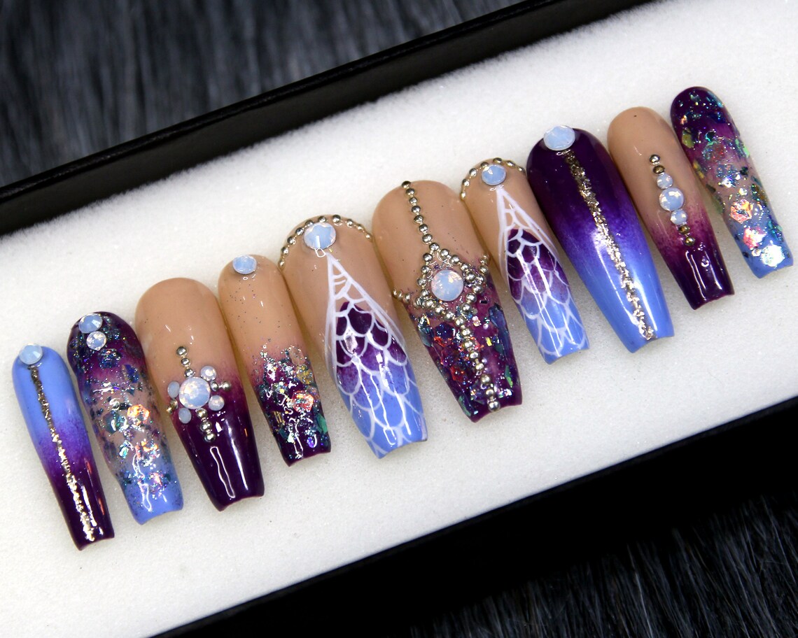 Purple Mermaid Press on Nails With Crystal Glue on Nails - Etsy