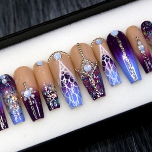 Purple Mermaid Press On Nails: Luxury Crystal Coffin False Nail Set