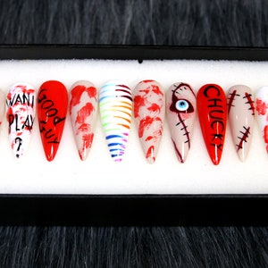 Bloody Chucky Halloween Press On Nails | Glue On Nails | Crystal Long Stiletto Nails | Halloween Nails | Fun Nails | Luxury Nails K122