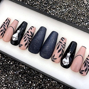 Black Leaf Press on Nails Coffin Luxury Fake Nails KS - Etsy