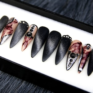 Handmade Black Ombre Press On Nails: Crystal Coffin Gel X Nails N290