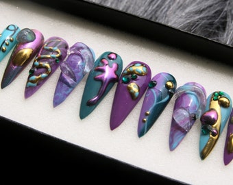 Handpainted Lavender Stiletto Press On Nails: 3D Purple Candy Mix