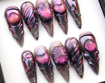 Melted Chrome Press On Nails: 3D Dark Purple Stiletto, Handmade