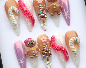 3D Ginger Bread Press On, Christmas Long Stiletto Nails, Simple Xmas False Nail K518