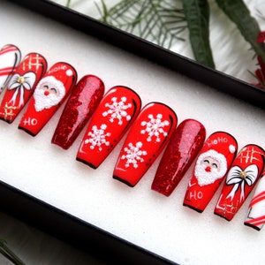 Christmas Press On Nails: Red Holiday Designs, Handmade Gel False Nails