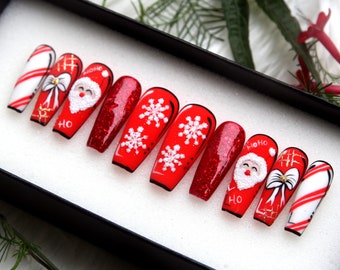 Christmas Press On Nails: Red Holiday Designs, Handmade Gel False Nails
