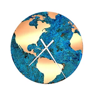 Horloge en cuivre, carte du monde, globe, cuivre, patine, art mural, horloge moderne, horloge en métal, horloge murale, design, salon, chambre à coucher, maison, vie,