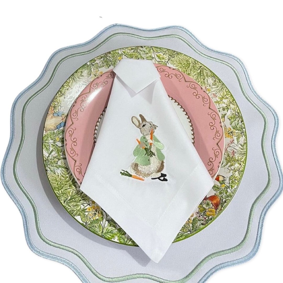 Luxurious Placemats Set White Embroidery Scallop Edge Sage Green and
