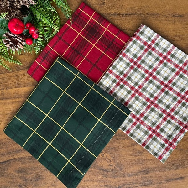 Serviettes en tartan, ensemble de serviettes de Noël, serviettes de table en lin, serviettes de vacances, serviettes à carreaux de Noël, serviettes Buffalo, Noël à la ferme