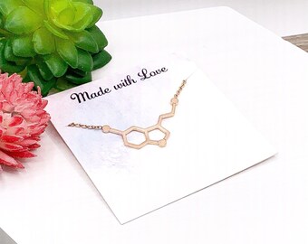 Rose Gold Serotonin Necklace, Molecular Jewelry, Molecule Pendant, Biology Necklace, Cheer Up Gift for Her, Stocking Stuffer for Women