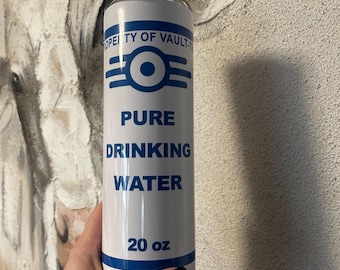May include: A white stainless steel tumbler with a blue and white Vault-Tec logo and the text "Pure Drinking Water" and "20 oz".