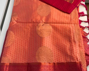 Peach and rose soft silk copper Zari semi silk saree