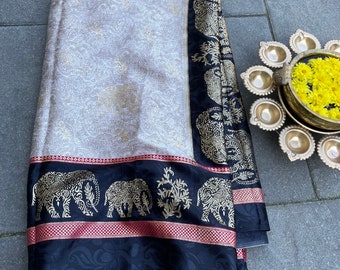 Black beige elephant print Jaipur Soft saree.