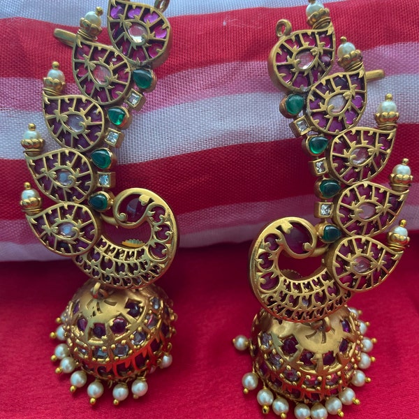 ruby peacock ear cover cuff earrings jhumka