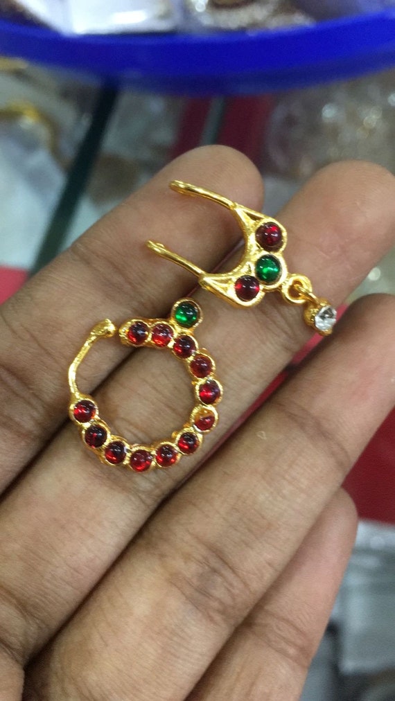 Barathnatiyam temple jewellery kemp nose pin ring and Bullacku Nath