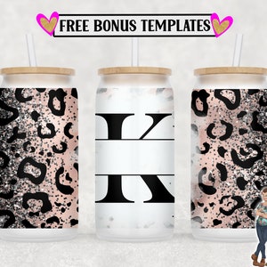 Leopard Monogram K 16oz Libbey peut envelopper le fichier PNG, insérer votre propre texte, Libbey Glass peut sublimation conception, Digital Can Wrap