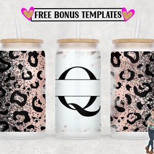 Leopard Monogram Q 16oz Libbey Can Wrap PNG File, Insert Your Own Text, Libbey Glass Can Sublimation Design, Digital Can Wrap