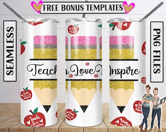 Teach Love Inspire Tumbler PNG, 20oz Skinny Tumbler, Teacher Pencil Tumbler, Back to School Tumbler Designs Sublimation Digital File, Apples