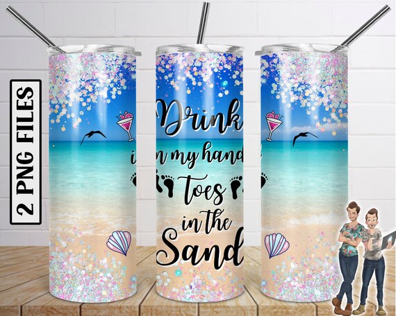 Drink in my Hand Toes in the Sand Tumbler 20oz Design, Beach Pink Glitter Tumbler Download, Beach Seagull Sand, Straight and Tapered PNG